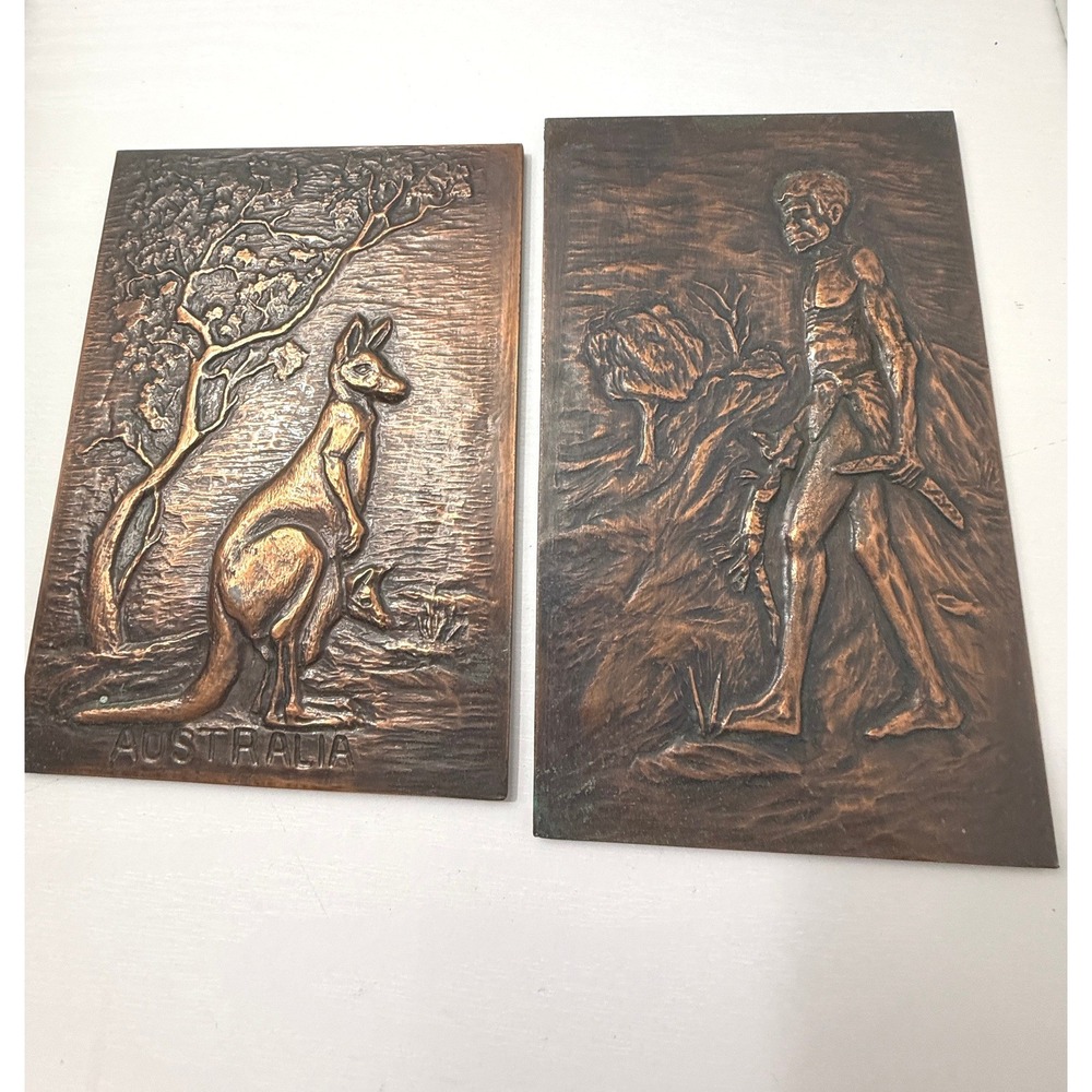 Australia Copper Relief Wall Plaques Kangaroo Aboriginal Hunter Set of 2